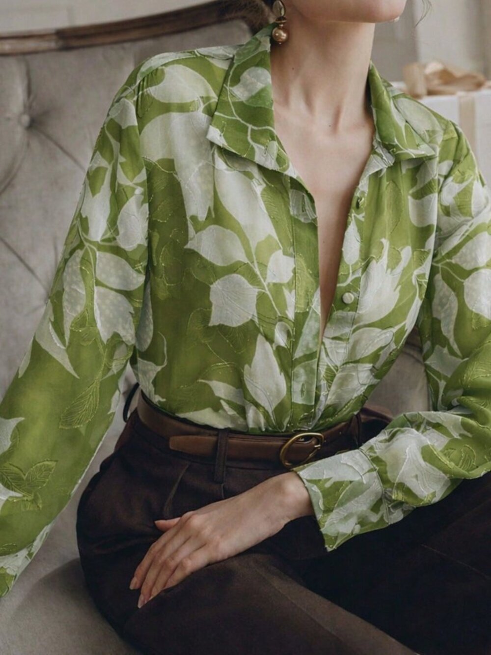 Green Boho Women's Elegant Floral Print Blouse